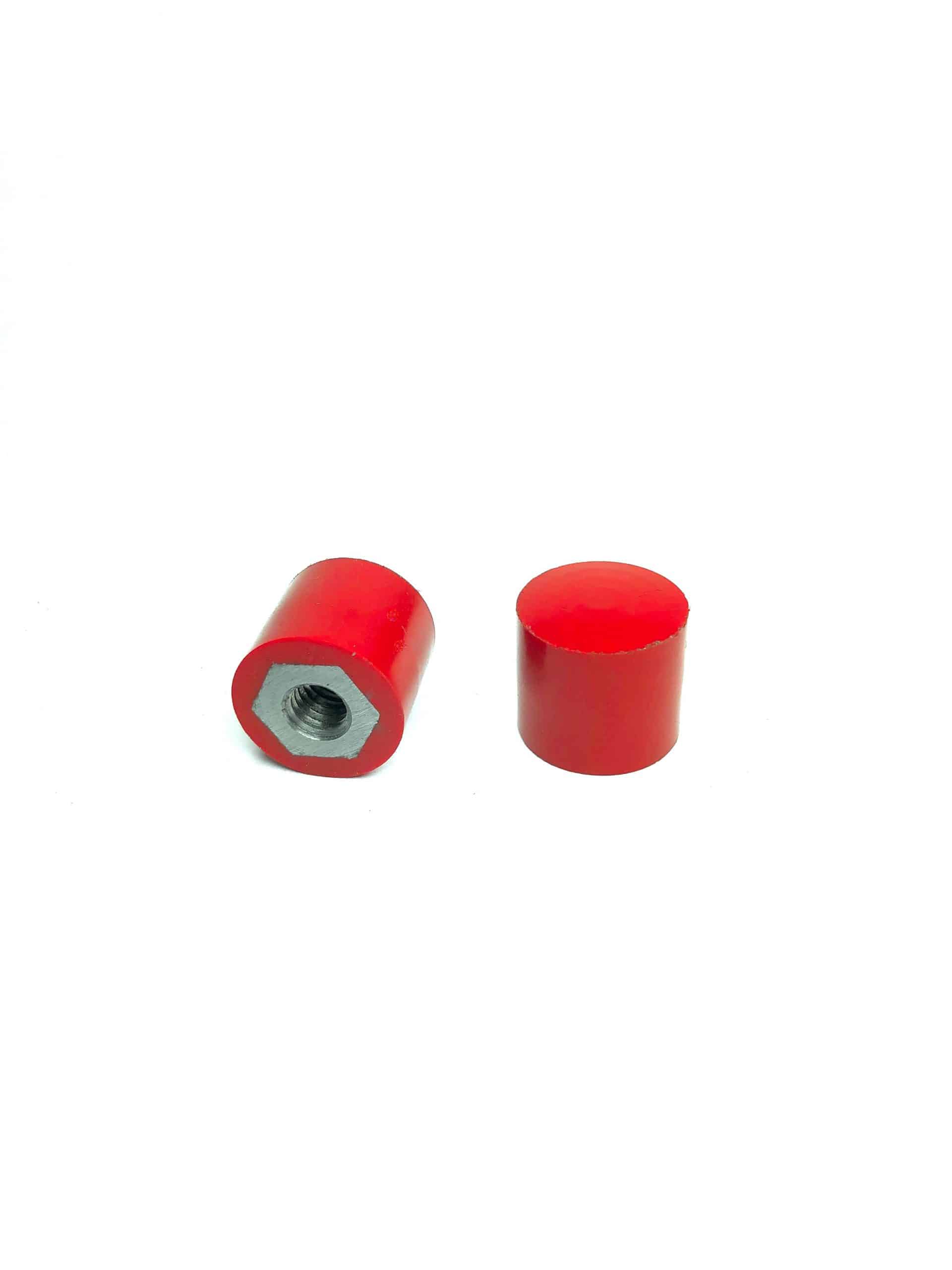 Female thread polyurethane bumpers with hex nut inserts. 