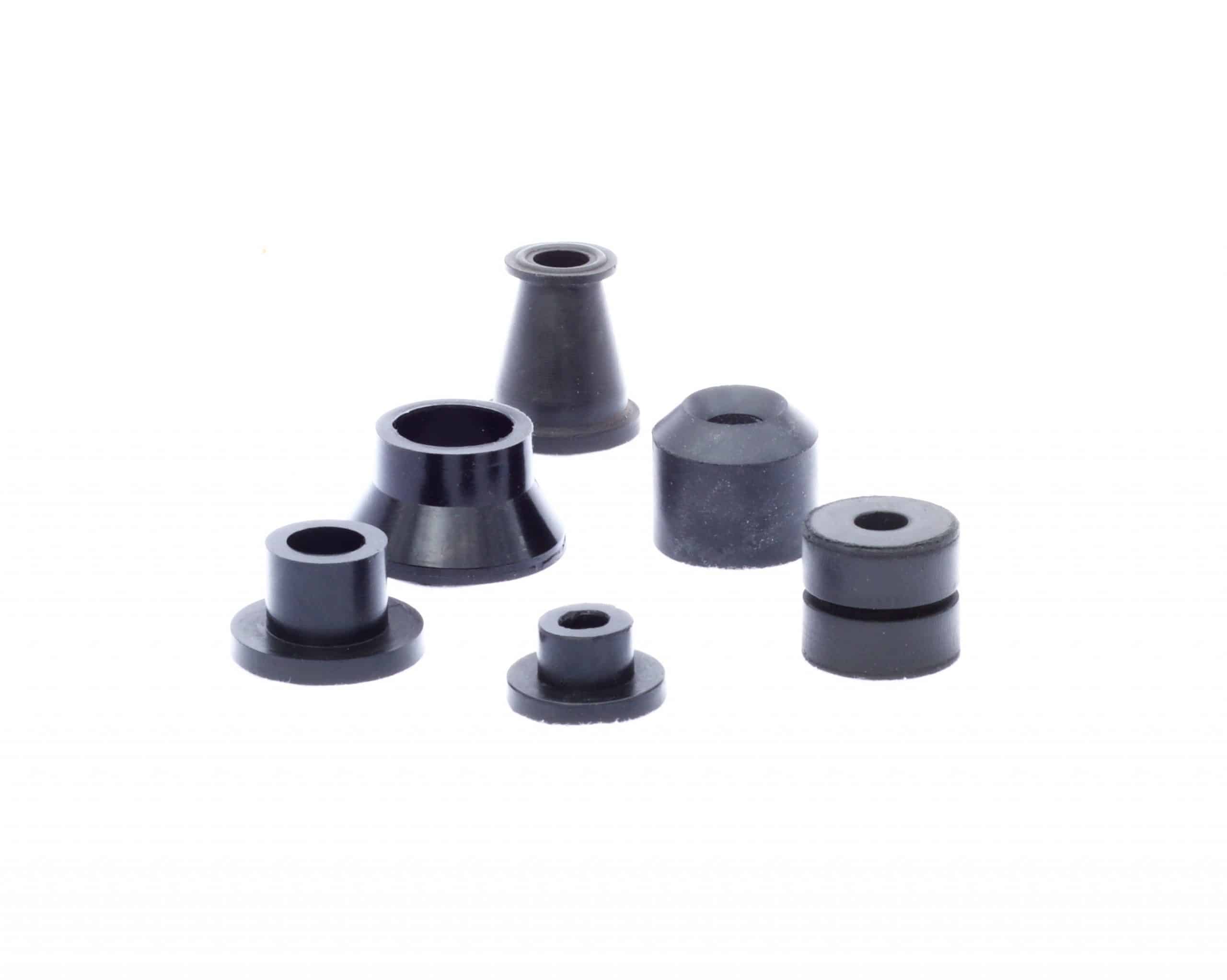 Neoprene bushings made by Uniflex, a rubber molding company.